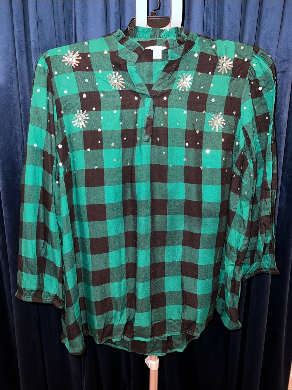 Cato Emerald Green and Black Plaid Embellished Blouse